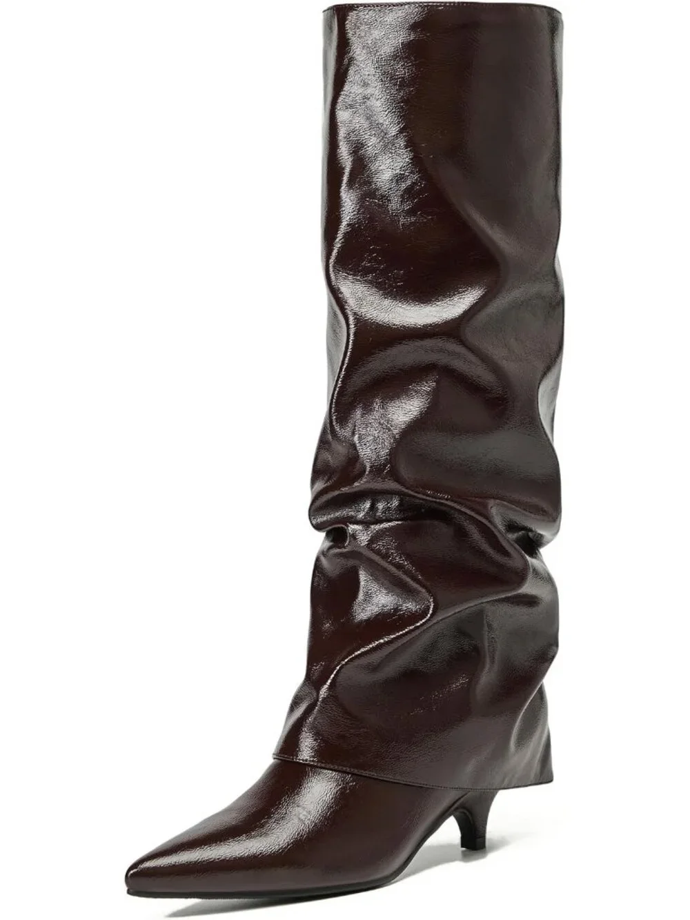 Women Brown Leather Pointed-Toe Fold Over Wide Calf Low Kitten Knee-High Boot